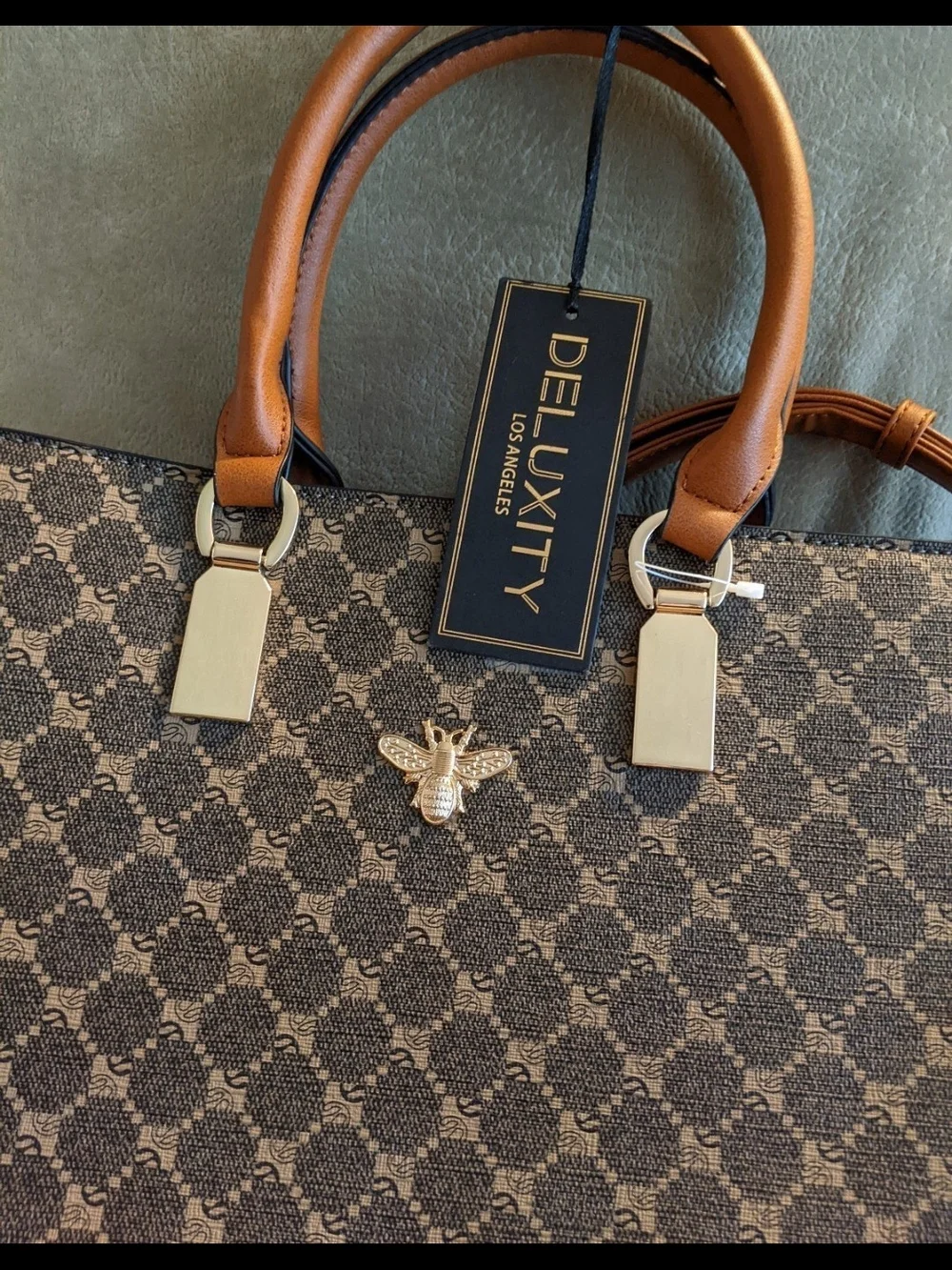 Deluxity Brown Patterned Satchel with Gold Bee Accent